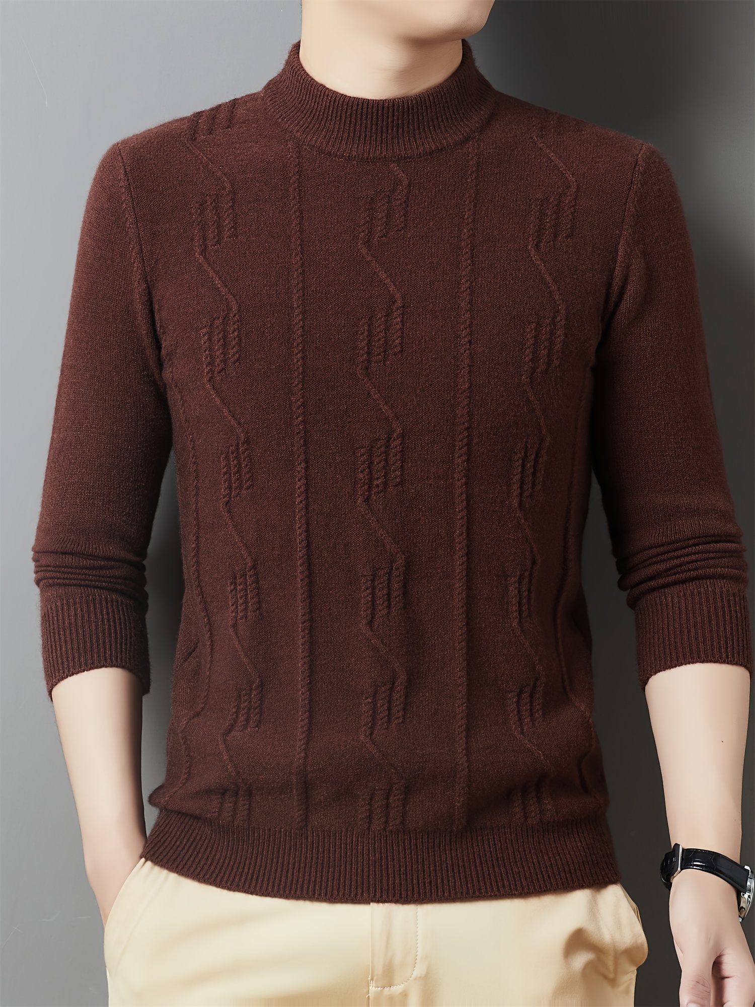 Cozy & Stylish Men s Knit Sweater - Solid Color, Round Neck, Long Sleeve Pullover for Fall/Winter | Soft Polyester details 0
