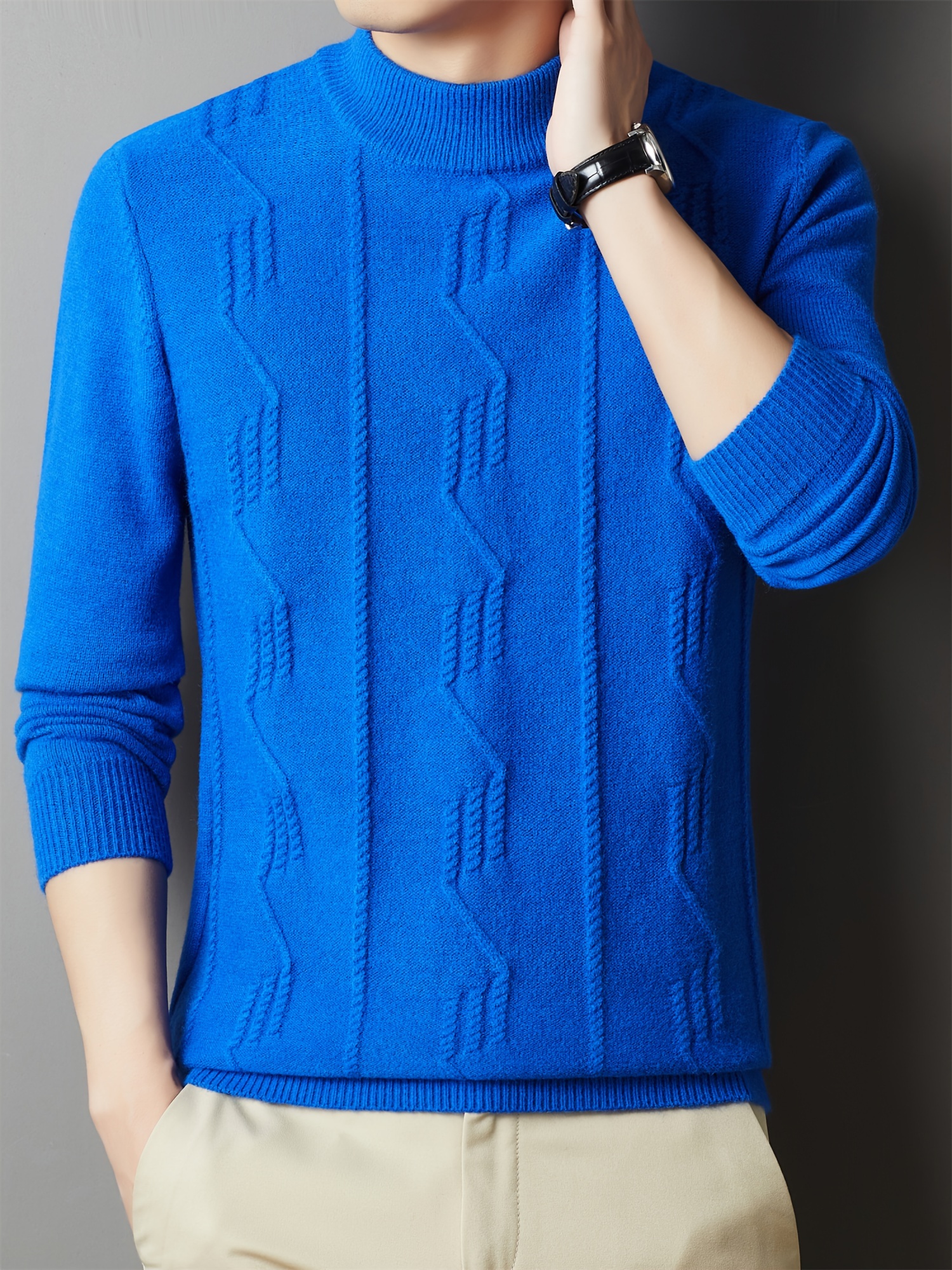 Cozy & Stylish Men s Knit Sweater - Solid Color, Round Neck, Long Sleeve Pullover for Fall/Winter | Soft Polyester details 6