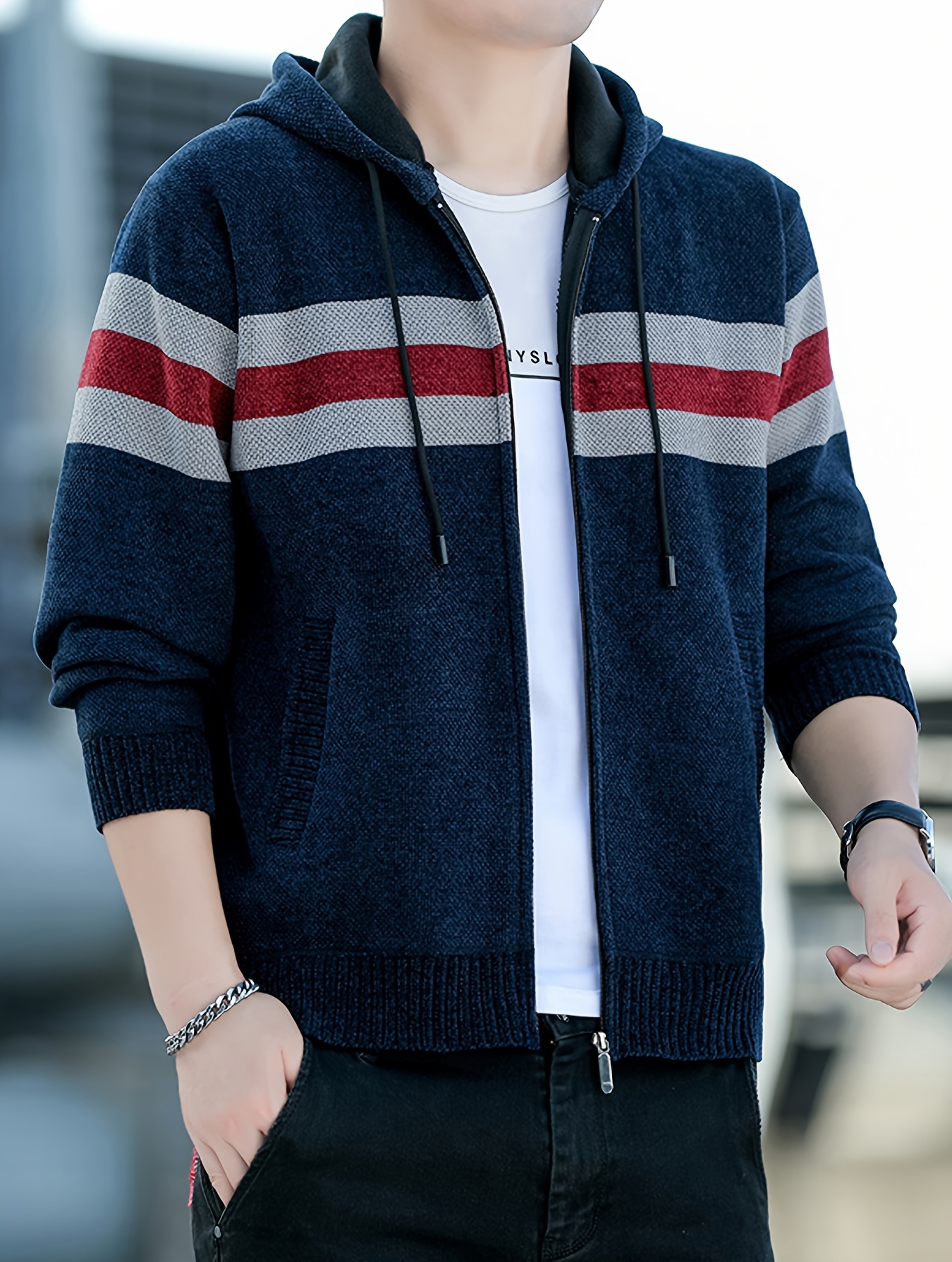 Men S Casual Knit Polyester Hooded Sweater, Long Sleeve Zip-Up Jacket, Regular Fit, with and Design, for Travel, Fishing, Golf, Daily details 2