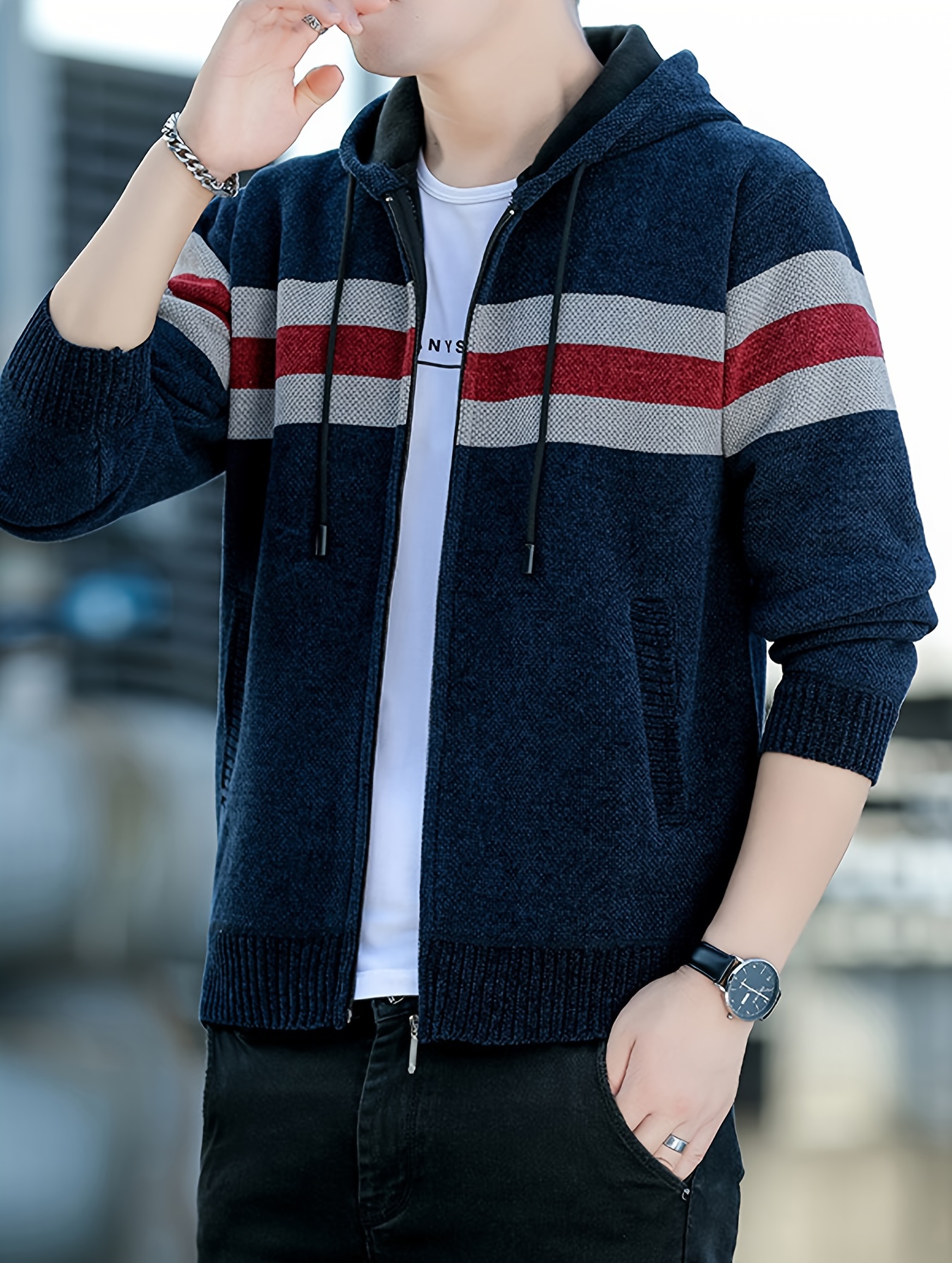 Men S Casual Knit Polyester Hooded Sweater, Long Sleeve Zip-Up Jacket, Regular Fit, with and Design, for Travel, Fishing, Golf, Daily details 3