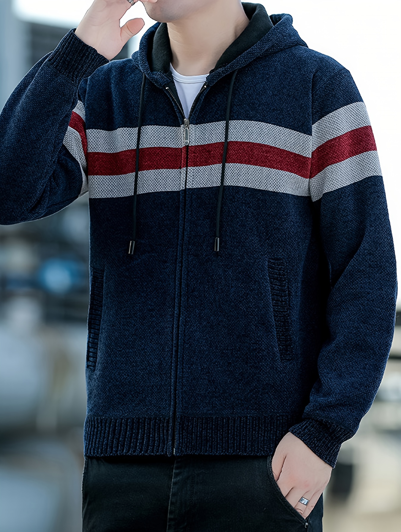 Men S Casual Knit Polyester Hooded Sweater, Long Sleeve Zip-Up Jacket, Regular Fit, with and Design, for Travel, Fishing, Golf, Daily details 4