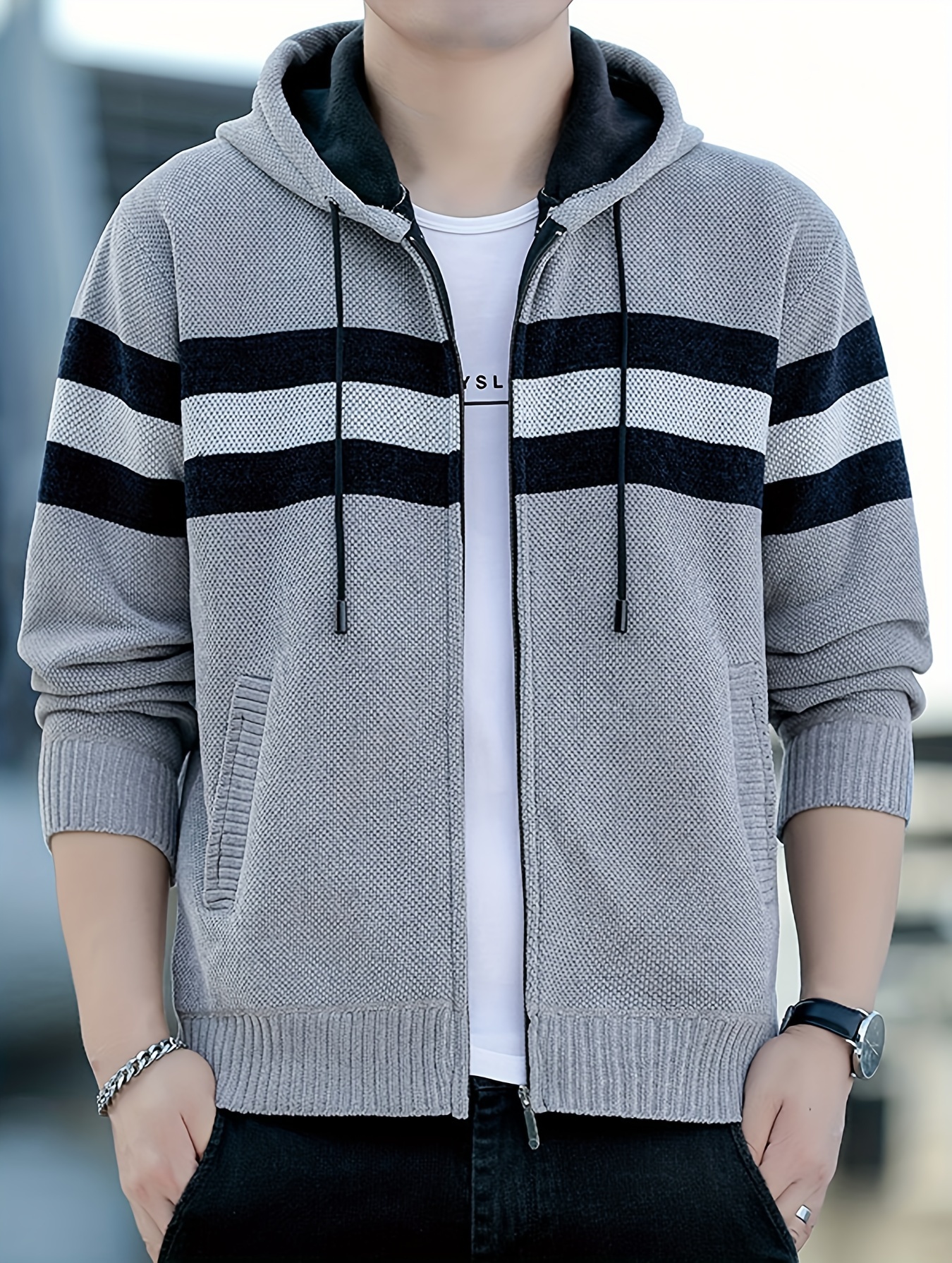 Men S Casual Knit Polyester Hooded Sweater, Long Sleeve Zip-Up Jacket, Regular Fit, with and Design, for Travel, Fishing, Golf, Daily details 8