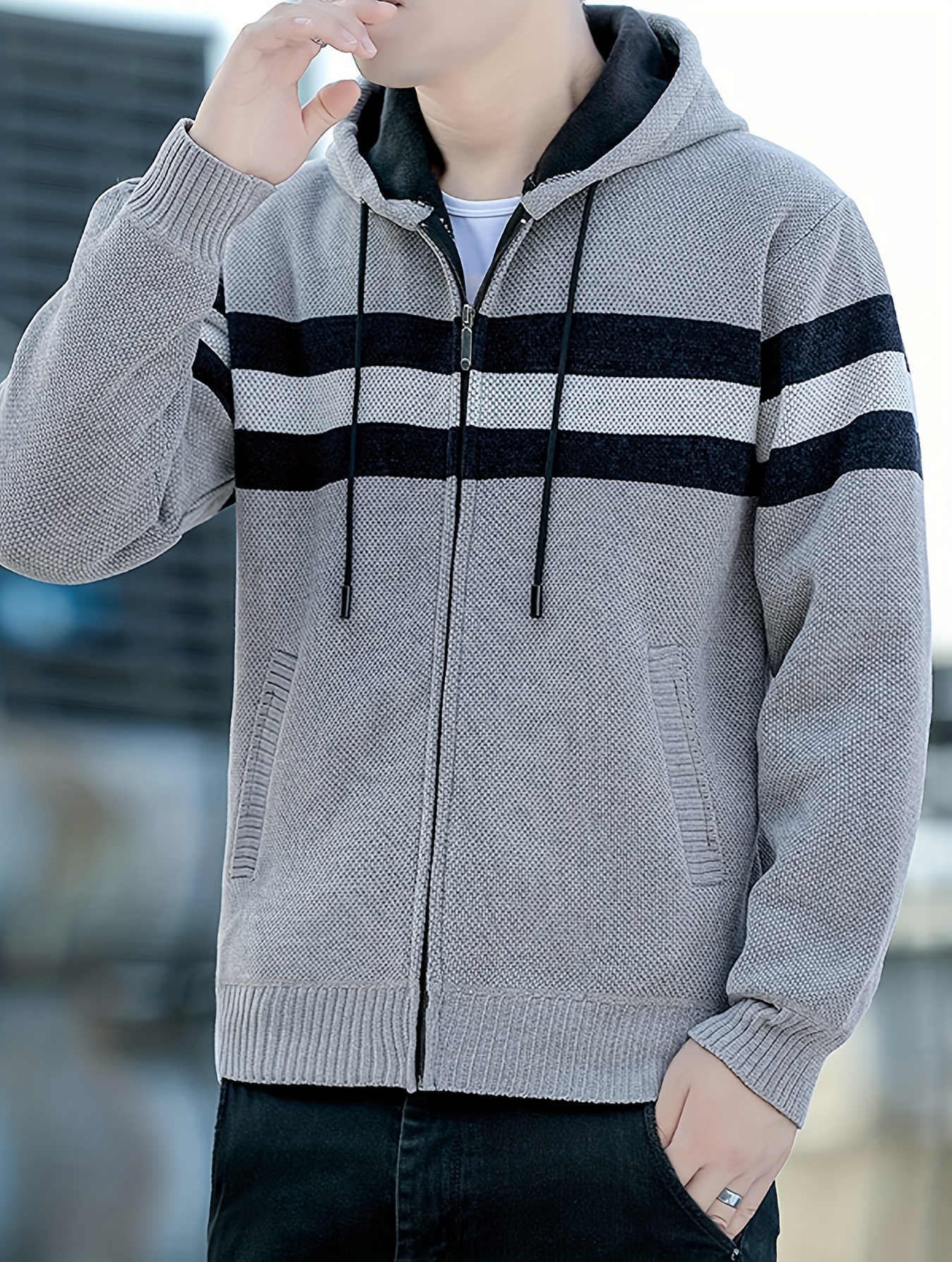 Men S Casual Knit Polyester Hooded Sweater, Long Sleeve Zip-Up Jacket, Regular Fit, with and Design, for Travel, Fishing, Golf, Daily details 11