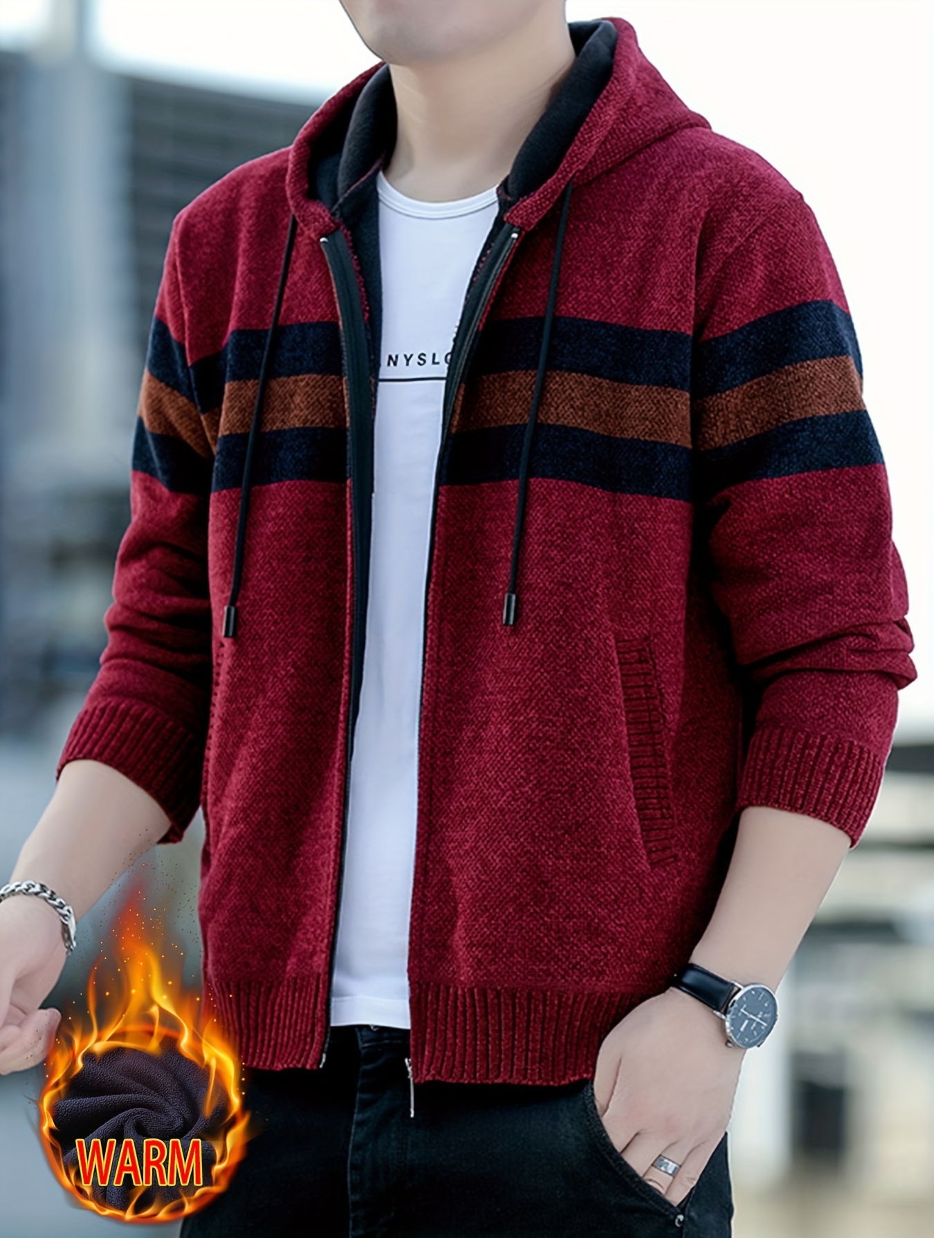 Men S Casual Knit Polyester Hooded Sweater, Long Sleeve Zip-Up Jacket, Regular Fit, with and Design, for Travel, Fishing, Golf, Daily details 13