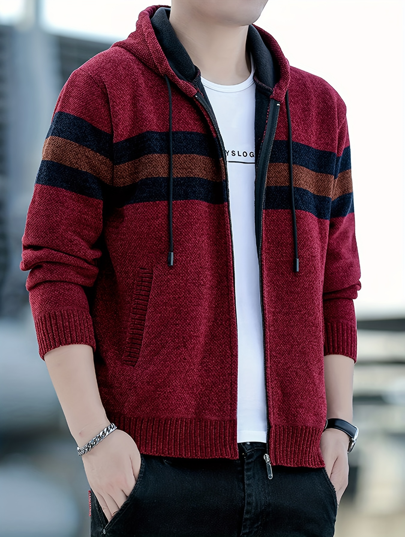 Men S Casual Knit Polyester Hooded Sweater, Long Sleeve Zip-Up Jacket, Regular Fit, with and Design, for Travel, Fishing, Golf, Daily details 16