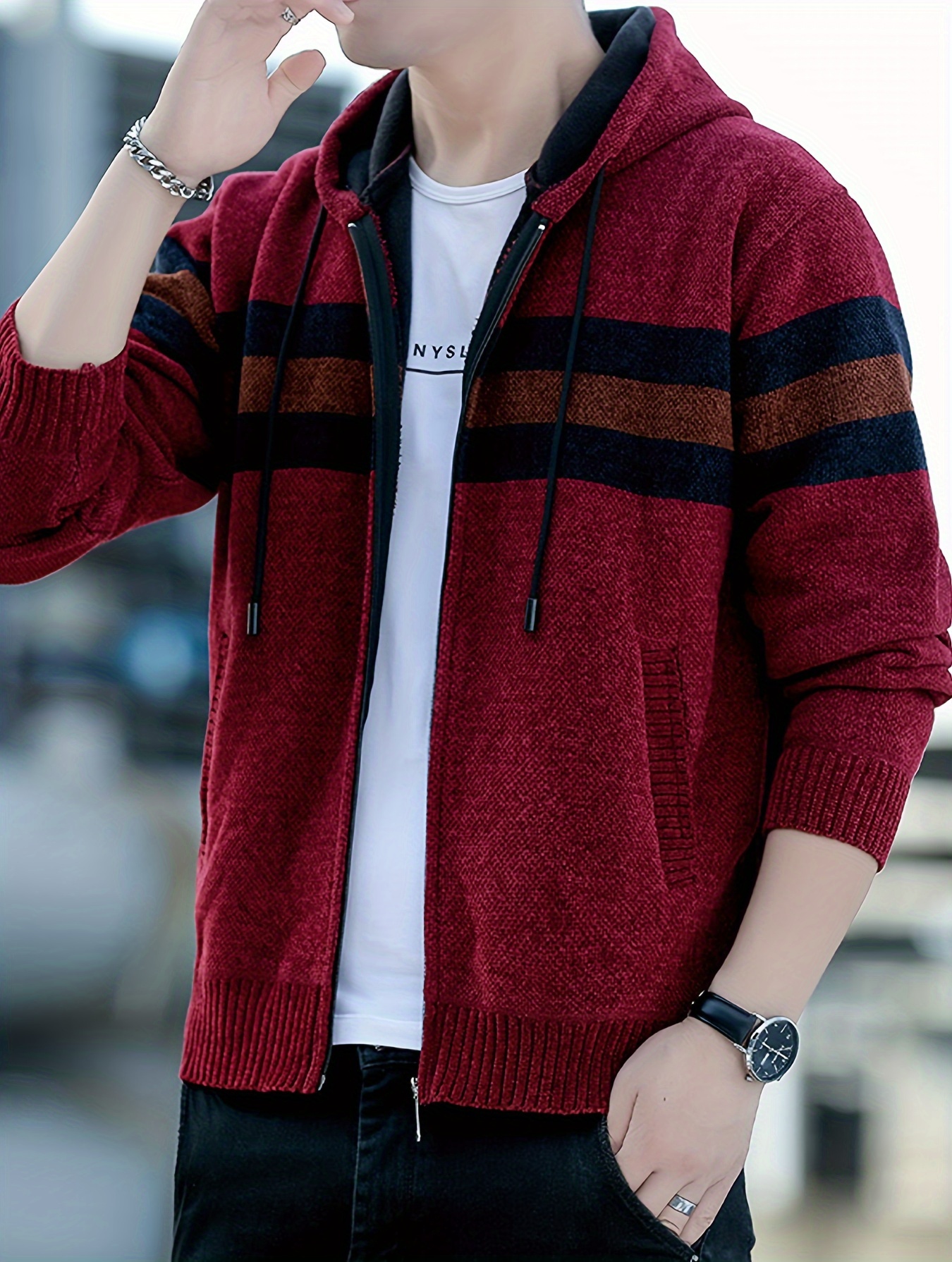 Men S Casual Knit Polyester Hooded Sweater, Long Sleeve Zip-Up Jacket, Regular Fit, with and Design, for Travel, Fishing, Golf, Daily details 17