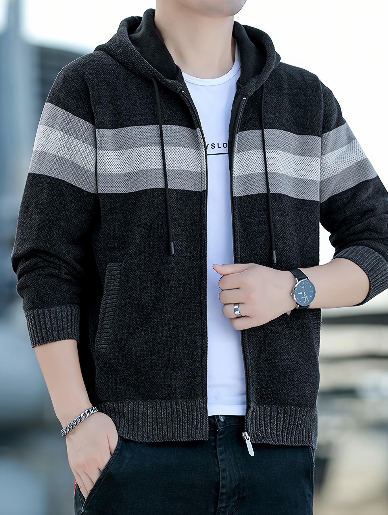 Men S Casual Knit Polyester Hooded Sweater, Long Sleeve Zip-Up Jacket, Regular Fit, with and Design, for Travel, Fishing, Golf, Daily details 28