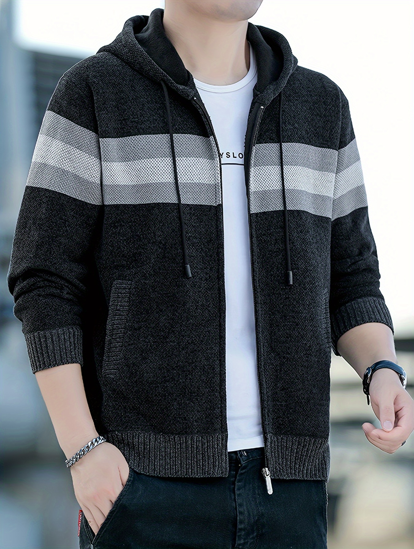 Men S Casual Knit Polyester Hooded Sweater, Long Sleeve Zip-Up Jacket, Regular Fit, with and Design, for Travel, Fishing, Golf, Daily details 30