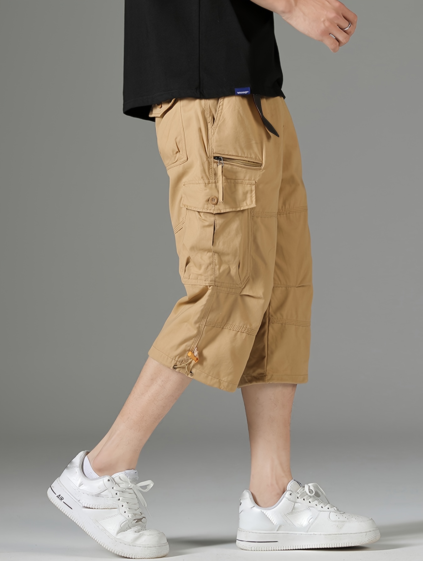 mens 3 4 length solid color non stretch cotton cargo shorts for summer outdoor wear details 1