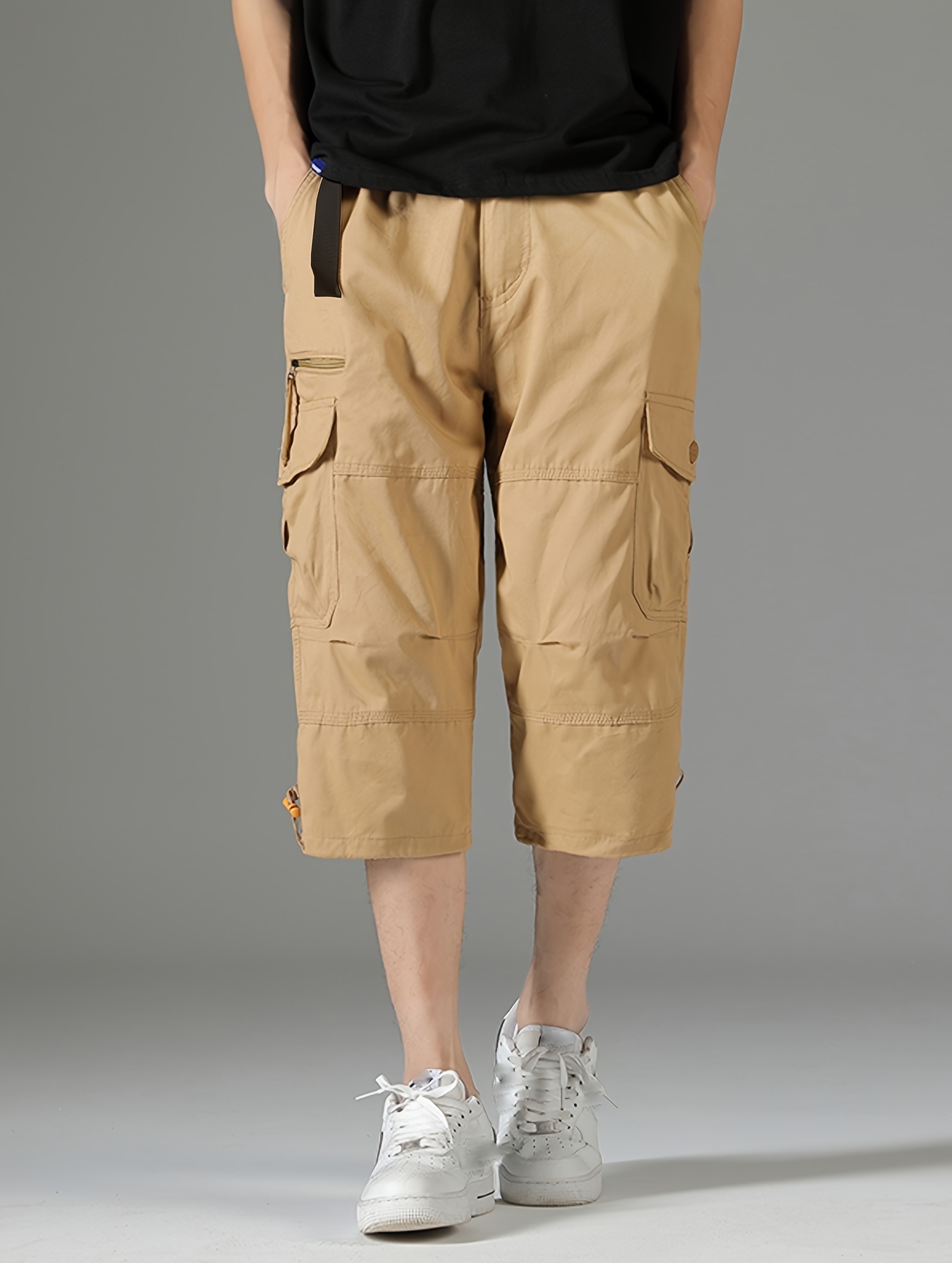mens 3 4 length solid color non stretch cotton cargo shorts for summer outdoor wear details 2