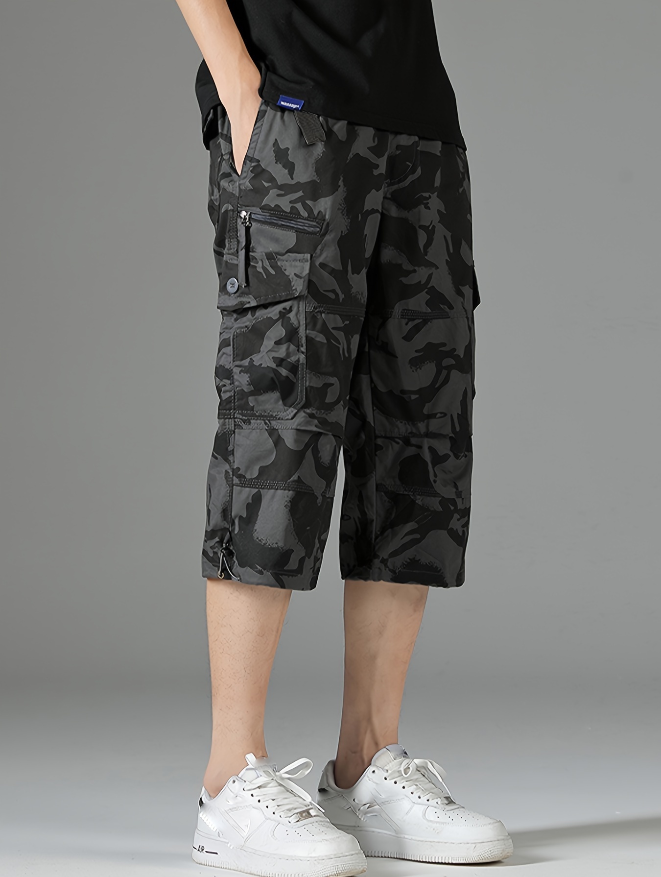 mens 3 4 length solid color non stretch cotton cargo shorts for summer outdoor wear details 8