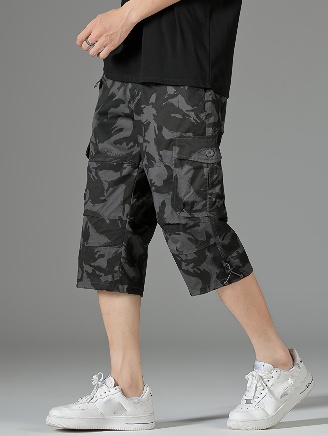 mens 3 4 length solid color non stretch cotton cargo shorts for summer outdoor wear details 10