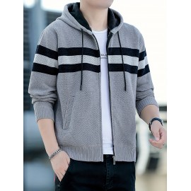 1pc Men'S Casual Color Block Chenille Hooded Knit Jacket - Polyester Long Sleeve Zip-Up with Slight Stretch, Regular Fit Hooded Sweater for Fall/Winter