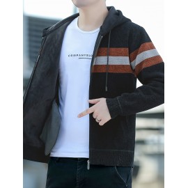 1pc Men'S Casual Color Block Chenille Hooded Knit Jacket - Polyester Long Sleeve Zip-Up with Slight Stretch, Regular Fit Hooded Sweater for Fall/Winter