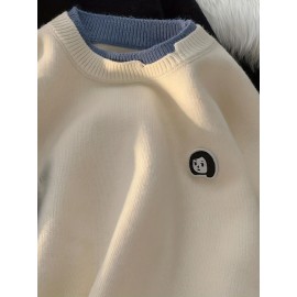 Men's Loose Color Block Cute Boy Graphic Print Fake Two-piece Knitted Pullover, Casual Long Sleeve Crew Neck Sweater For Fall