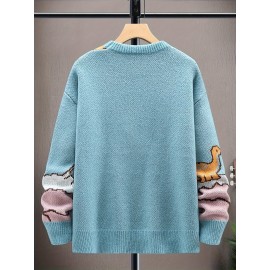 1pc Men'S Casual Round Neck Pullover Sweater, Polyester Knit with Animal Pattern, Loose Fit Long Sleeve for Autumn/Winter