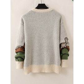1pc Men'S Casual Round Neck Pullover Sweater, Polyester Knit with Animal Pattern, Loose Fit Long Sleeve for Autumn/Winter