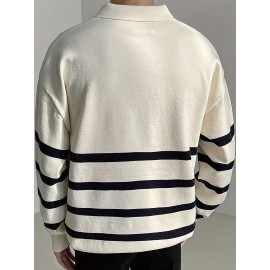 Men's Color Blocking Striped Golf Shirt For Autumn And Winter, Casual Stylish Long Sleeve Top As Gift