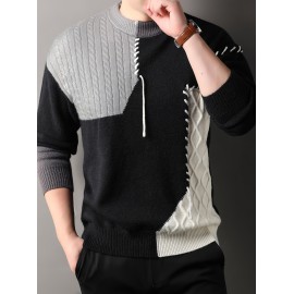 1pc Men'S Korean Style Crew Neck Sweater, Casual Striped Pattern, Rib-Knit, Slight Stretch, Loose Fit, Acrylic Knit Fabric, Thick Warm Patchwork Pullover for Fall/Winter - Fashionable Color Block Base Layer Top [12422]