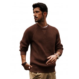 Men Waffle Textured Sweater Long Raglan Sleeve Crew Neck Ribbed Cuff Pullover