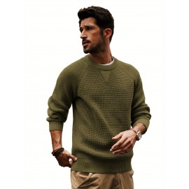 Men Waffle Textured Sweater Long Raglan Sleeve Crew Neck Ribbed Cuff Pullover