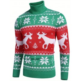 Men's Slim Fit Turtleneck Sweater - Casual Solid Color Knit Pullover for Fall/Winter, Polyester Blend, Best for Christmas