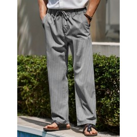 Men's Lightweight Striped Casual Pants with Elastic Waist and Pockets - Perfect for Casual Attire