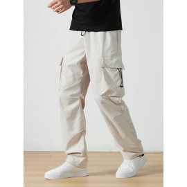 Men's Casual Flap Pocket Straight Leg Cargo Pants, Street Style Casual Pants For Outdoor Activities
