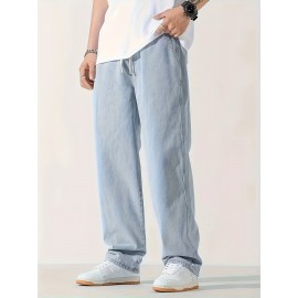 Men's Casual Light Blue Jeans, Loose Straight Trousers, Versatile Drawstring Elastic Waist Band Long Pants