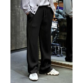 Men's Drawstring Pants Mid Waist Straight Leg Long Pants Casual Solid Color Ribbed Pants