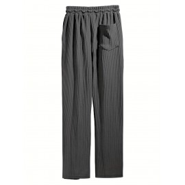 Men's Drawstring Pants Mid Waist Straight Leg Long Pants Casual Solid Color Ribbed Pants