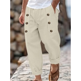 [Trusted] Men's Casual Cotton Linen Pants with Multi-Button Detail - Loose Fit, Solid Color, Perfect for Beach & Summer