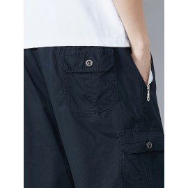 Casual Solid Men's Regular Fit Elastic Waist Cotton Cargo Shorts With Side Pockets For Summer Outdoor Leisure And Work