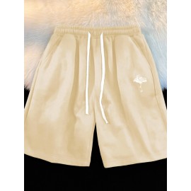 1pc Crane Emblem Casual Shorts, Polyester Knit Fabric with Slight Stretch, Regular Fit with Pockets, Alphabet Pattern - Comfortable Summer Wear