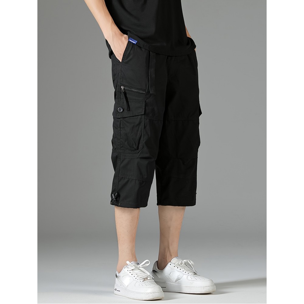 Men's 3/4 Length Solid Color Non Stretch Multi-Pocket Cotton Cargo Shorts For Summer Outdoor Wear