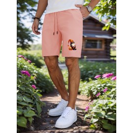 Men'S Halloween-Themed Cotton Shorts, Casual Drawstring Knit Fabric Shorts, Regular Fit, with Slight Stretch, Solid Color Design