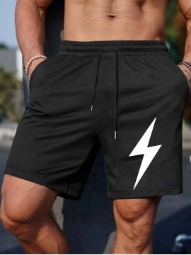 Men's Lightning Print Casual Shorts - Comfy, Stretchy Polyester, Perfect for Summer Sports & Beach Outings