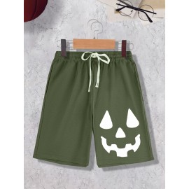1pc Halloween Pumpkin Smile Print Men'S Casual Cotton Blend Shorts, Slight Stretch Knit Fabric, Regular Fit Sports Shorts