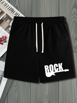 Men's Casual Rock Print Drawstring Shorts - Breathable Polyester, Pockets Included, Machine Washable